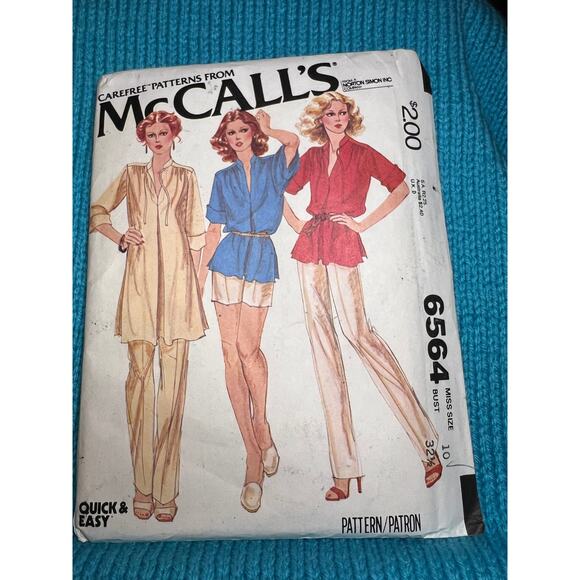 McCalls Pattern 6564 tunic top pants shorts 1970s size 10 bust 32 1/2 - Picture 1 of 5